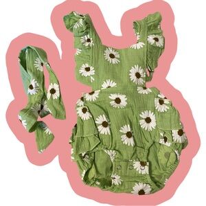 Baby Green Daisy Ruffle Romper Set